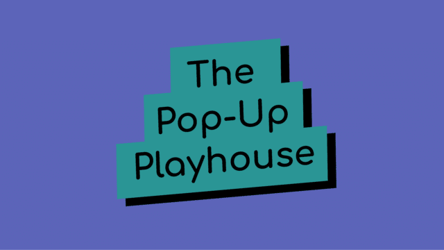 The slanted Pop-Up Playhouse logo against a purple background
