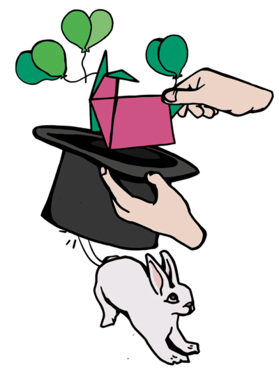 Illustration of a hand taking out origami out of a top hat with a white rabbit underneath.