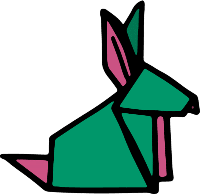 Illustration of a green and pink origami rabbit.