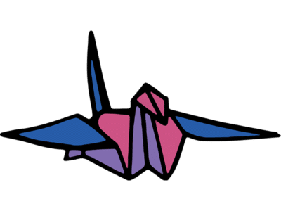 Illustration of a pink and blue origami bird.