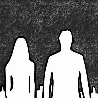 Graphic of two white silhouettes and a skyline.