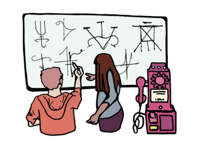 Illustration of two people drawing on a whiteboard.