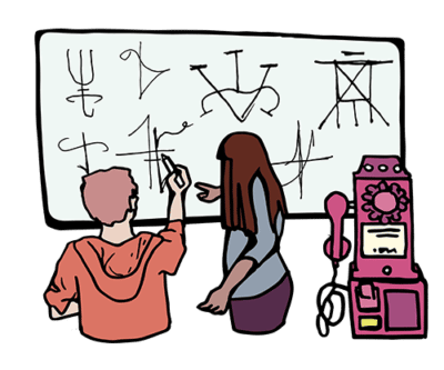 Illustration of two people drawing on a whiteboard.