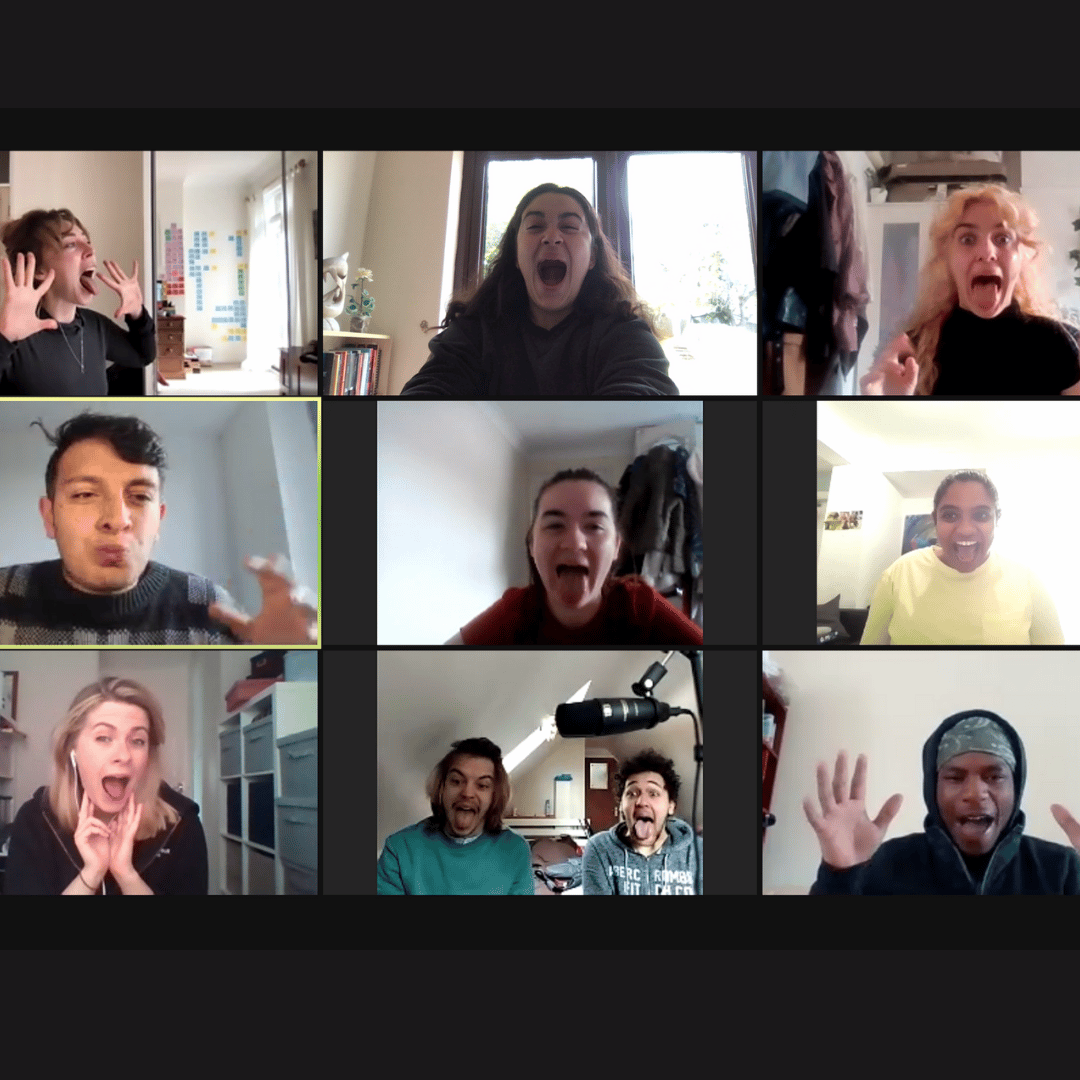 Screenshot of a zoom meeting of people with their mouthes wide open.