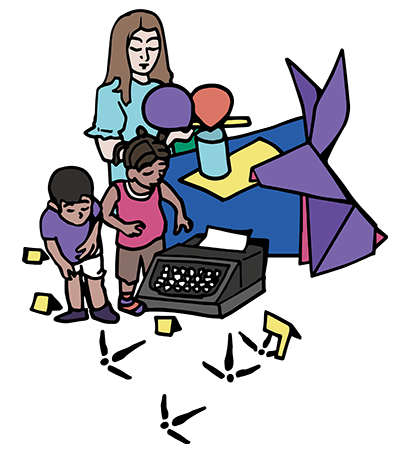 Illustration of children and one adult playing with a typewriter and other objects.