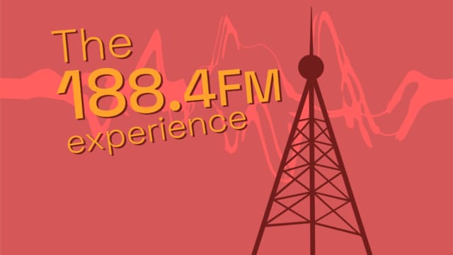 The 1884.FM Experience Graphic, with a radio tower icon on a red background.