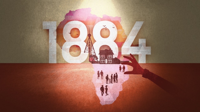 Promotional art for 1884. A vibrant orange, pink and cream design featuring an outline of the African continent and ‘1884’ in large letters. There is also a silhouetted house, radio tower and group of people.